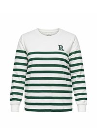 Sweatshirt à manches longues et col rond avec des rayures horizontales vertes et blanches, et une petite lettre "R" brodée sur la poitrine. Fabriqué en tissu doux.