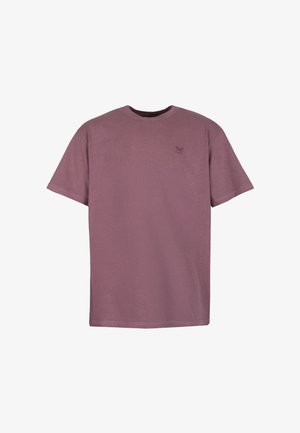 Schlichtes T-Shirt mit kurzen Ärmeln und Rundhalsausschnitt in zurückhaltendem Mauve mit kleinem gesticktem Kreuzruder-Logo auf der linken Brust.