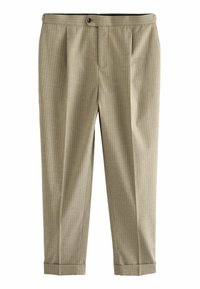 Pantaloni dintr-un amestec de lâni de culoare bej deschis, cu dungi diagonale, cu pliuri în față, închidere cu un singur buton, tivuri manșetate și o textură netedă.