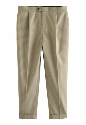 Helle beige, Wollmischung-Hosen mit diagonalen Nadelstreifen, gefältelter Vorderseite, einem Knopfverschluss, umgeschlagenen Säumen und einer glatten Textur.