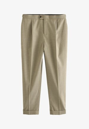 Vaaleanbeige villasekoitetekstiilistä valmistetut housut, joissa on viisto raidallinen kuosi, laskostetut etuosat, yksittäinen nappikiinnitys, käänteet sekä sileä pinta.