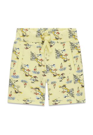Gelbe Shorts mit Kordelzug und Taschen, versehen mit einem bunten Küstenmuster aus Segelbooten, Sonnenschirmen und Küstengebäuden.