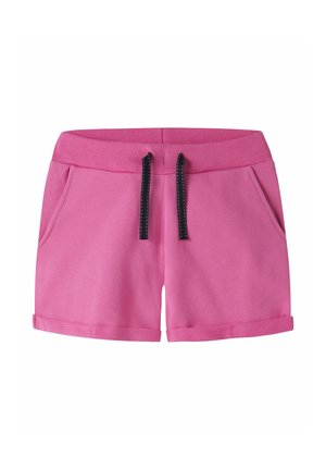 Pantalones cortos casuales rosa con cintura acanalada, cordón negro, bolsillos laterales y puños doblados.