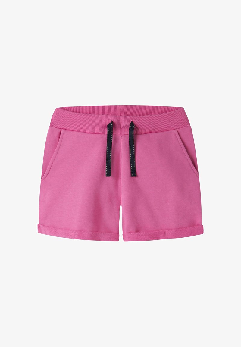 Rosa Freizeithose mit geripptem Bund, schwarzem Kordelzug, Seitentaschen und umgeschlagenen Bündchen.