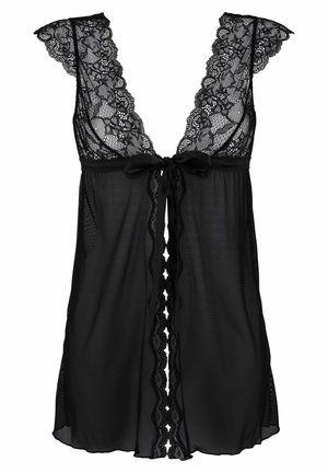 Zwarte kant babydoll met transparante stof, diepe V-hals, fluttermouwen en een satijnen strik in de taille. Bevat een gegolfde kantafwerking.