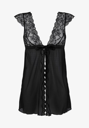 Black lace babydoll with sheer fabric, deep V-neck, flutter sleeves, and a satin tie at the waist. Features scalloped lace trim.