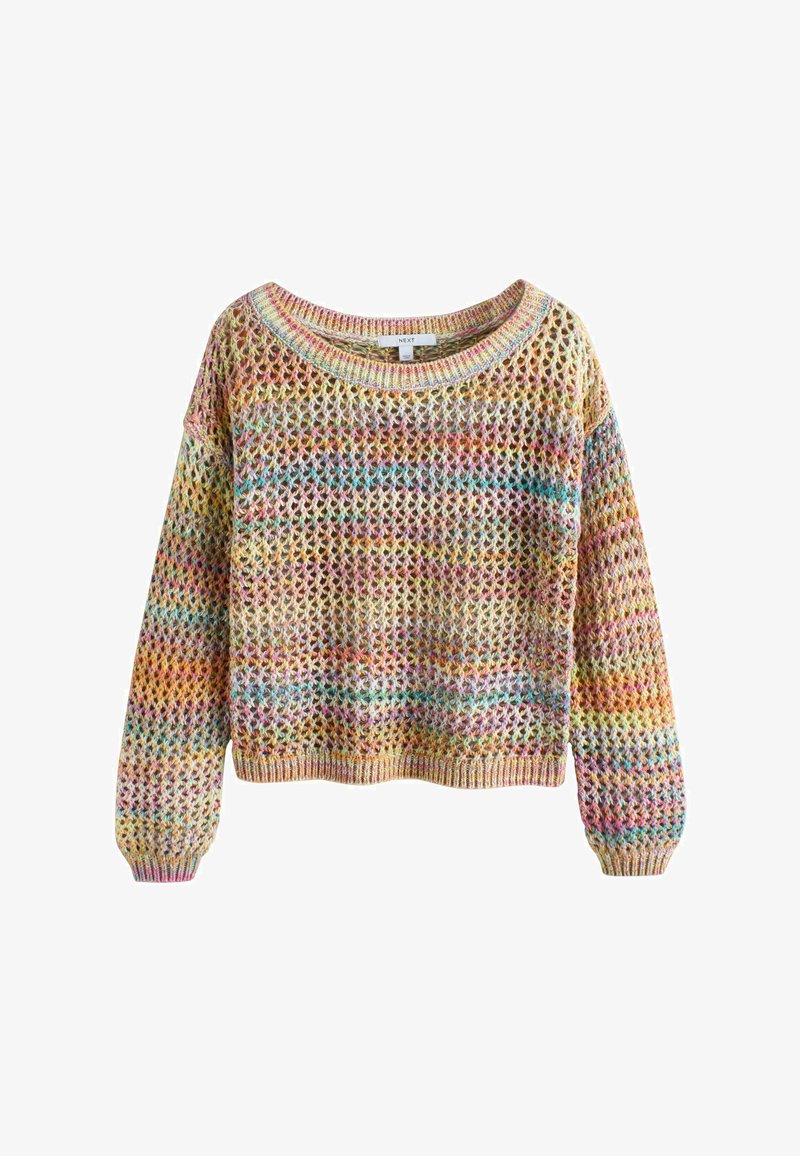 Pull multicolore à manches longues en maille ajourée avec col rond, poignets et ourlet côtelés, présentant un motif de point lâche et aéré.