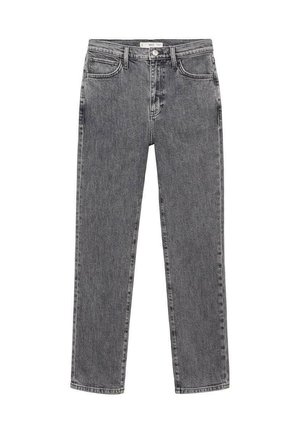 Dark gray denim jeans with a straight cut, featuring a classic five-pocket design and a metal button closure at the waist.