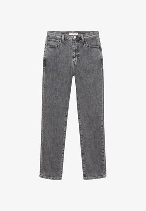 Jeans in denim grigio scuro con taglio dritto, caratterizzati da un design classico a cinque tasche e chiusura a bottone metallico in vita.