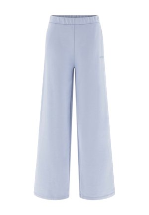Hellblaue Hosen mit weitem Bein und elastischem Bund, aus weichem Stoff gefertigt, mit einem dezenten Logo an der linken Seite.