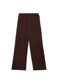 Donkerbruin wijde broek met elastische tailleband, vlakke voorkant en zijzakken, weergegeven op een witte achtergrond.