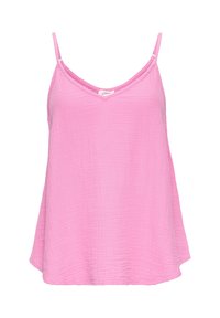 Růžový top bez rukávů vyrobený z lehké, strukturované tkaniny s výstřihem do V a nastavitelnými ramínky. Volný střih se rovnou dolní částí.