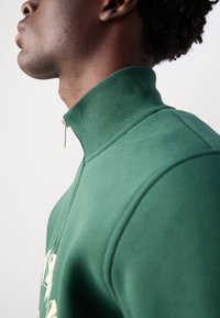 Zelená mikina na zip s žebrovaným límcem a hladkou texturou. Má minimalistický design a detailní záběr na výstřih a rameno.