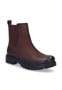 Bota de tobillo de cuero marrón con un acabado suave, paneles laterales elásticos y una suela de goma con relieve para mayor agarre. Presenta una puntera redondeada y una construcción robusta.