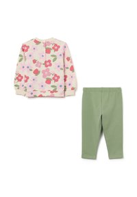 Top a maniche lunghe con motivo floreale in rosa pastello e dettagli verdi, abbinato a leggings verdi uniti. Tessuto in cotone morbido e vestibilità elastica.