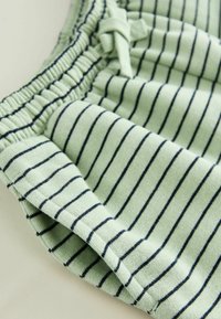 Shorts vert clair avec des rayures verticales marines, dotés d'une taille élastique et d'un lien de serrage, fabriqués en tissu doux.