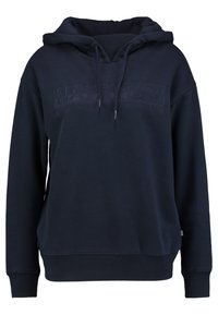 Sudadera azul marino con capucha, con un logo texturizado en el pecho y puños y bajo de canalé. Fabricada en tejido suave y grueso.