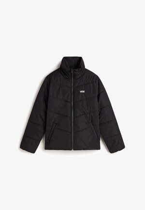 Chaqueta de plumas negra con cuello alto, cremallera frontal y logo de Vans. Cuenta con paneles acolchados y bolsillos laterales para mayor funcionalidad.