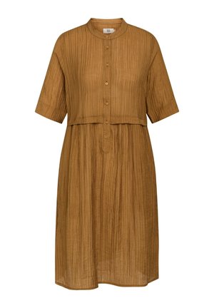 Brown, button-up dress with a textured, crinkled fabric; features a high collar and short sleeves, and an A-line silhouette.