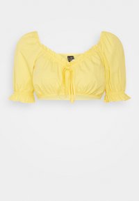 Top amarelo cropped com mangas curtas em forma de puff, decote franzido e detalhe de laço à frente. Feito de tecido leve com uma textura suave.