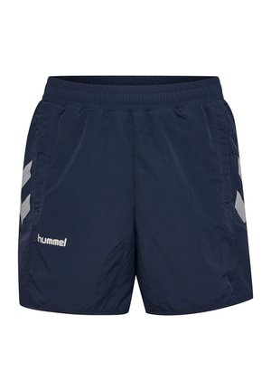 Marineblaue Sportshorts mit elastischem Bund, Seitentaschen, weißem Markenlogo am linken Bein und weißem Chevron-Design an den Seiten.
