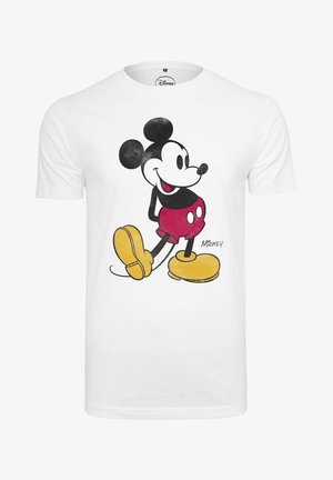 Fehér pamut póló, Mickey Mouse grafikával, piros nadrágban és sárga cipőben, fekete fülekkel és kontúrokkal.