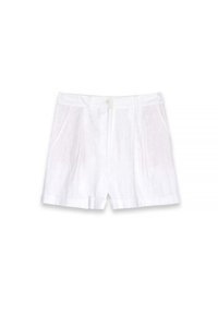 Hvide linnedshorts med plisseret front, sidelommer og opkrøllet manchet. Har en knaplukning i taljen for en sikker pasform.