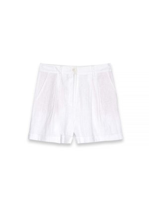 Pantalones cortos de lino blanco con frontales plisados, bolsillos laterales y puños enrollados. Presentan un cierre de botón en la cintura para un ajuste seguro.
