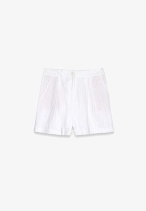 Balti lininiai šortai su klostėmis priekyje, šoninėmis kišenėmis ir užvyniotais kraštais. Savybės - mygtuko uždarymas juosmens srityje, užtikrinantis patikimą prigludimą.