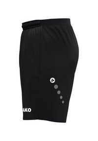 Schwarze Sportshorts mit einem elastischen Bund, ausgestattet mit einem Logo auf der Vorderseite und gepunkteten Akzenten an der Seite. Hergestellt aus leichtem Material.