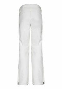 Pantalon blanc droit avec passants de ceinture, poches arrière et fermetures éclair en bas de chaque jambe, vu de dos.