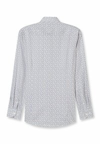 Langärmeliges Hemd mit weißem Hintergrund und kleinen blauen und roten geometrischen Mustern. Mit Kragen und geknöpften Manschetten ausgestattet.