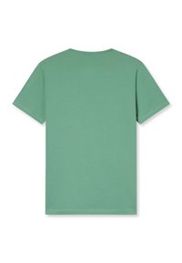 T-shirt verde menta a maniche corte realizzato in cotone morbido, con colletto tondo e un design semplice e senza decorazioni. Vista posteriore mostrata.