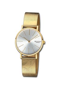 Montre avec bracelet en maille dorée et cadran rond argenté, marquage des heures simple et logo. Bracelet texturé pour une touche de détail et d'élégance.