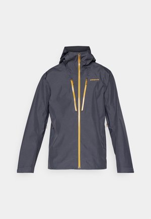 Men's waterproof jacket in dark gray with a hood, featuring yellow zippers and an embroidered logo. Smooth texture and streamlined design.