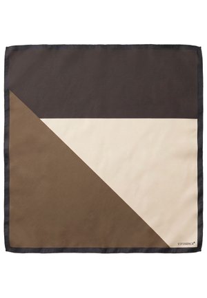 Kvadratisk tørklæde med farveblokdesign i mørkebrun, beige og lysebrun, med sort kant og "VIVISENCE"-logo i hjørnet.