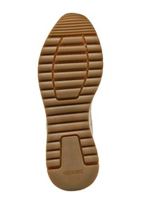 Suola di scarpa in gomma color tabacco con scanalature verticali e orizzontali alternate, caratterizzata da un logo circolare e dal testo "GEOX PATENTE ITALIANA."
