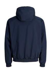 Veste à capuche bleu marine avec poignets et ceinture élastiques, vue de dos sur fond blanc.