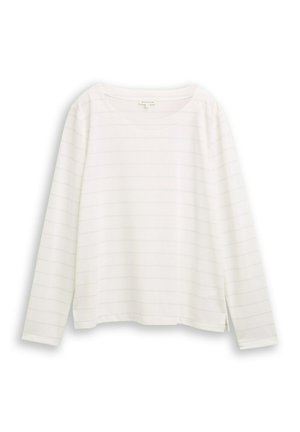 White long-sleeve shirt with light horizontal stripes, rounded neckline, and side slits at the hem, made from a soft, lightweight fabric.