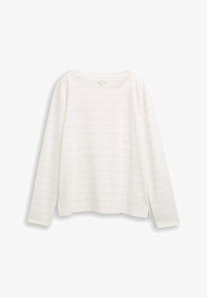 Biała koszula z długim rękawem z jasnymi poziomymi paskami, zaokrąglonym dekoltem i bocznymi rozcięciami u dołu, wykonana z miękkiego, lekkiego materiału.