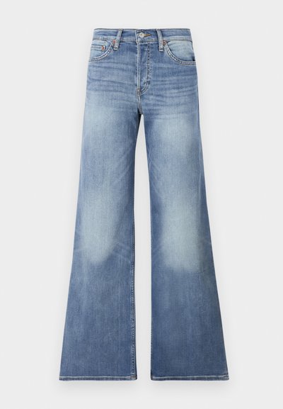 Light blue denim wide-leg jeans with a high waist, featuring fading details and stitched accents, designed for a relaxed fit.