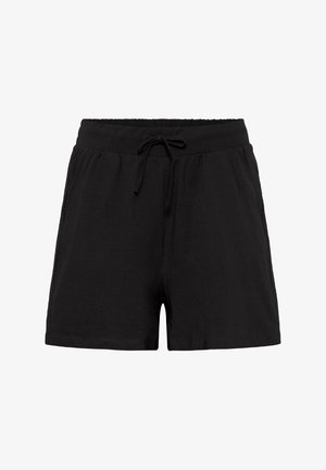 Black cotton shorts with an elastic waistband, adjustable drawstring, side pockets, and a relaxed fit. Smooth texture and minimal design.