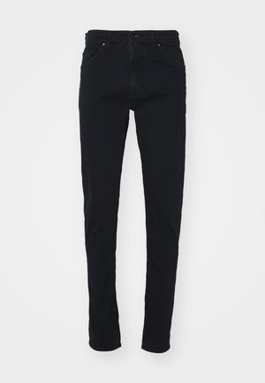 Black denim jeans with a slim fit, five-pocket design, and standard button closure. Smooth texture and minimal stitching details.