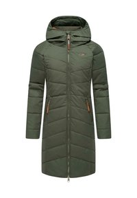 Groen geïsoleerde jas met een capuchon, verticale gestikte ontwerpen, vooraan met rits en twee zijzakken met rits en bruine accenten.
