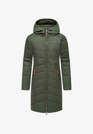 Green insulated jacket with a hood, vertical quilted design, front zipper, and two side zippered pockets with brown accents.