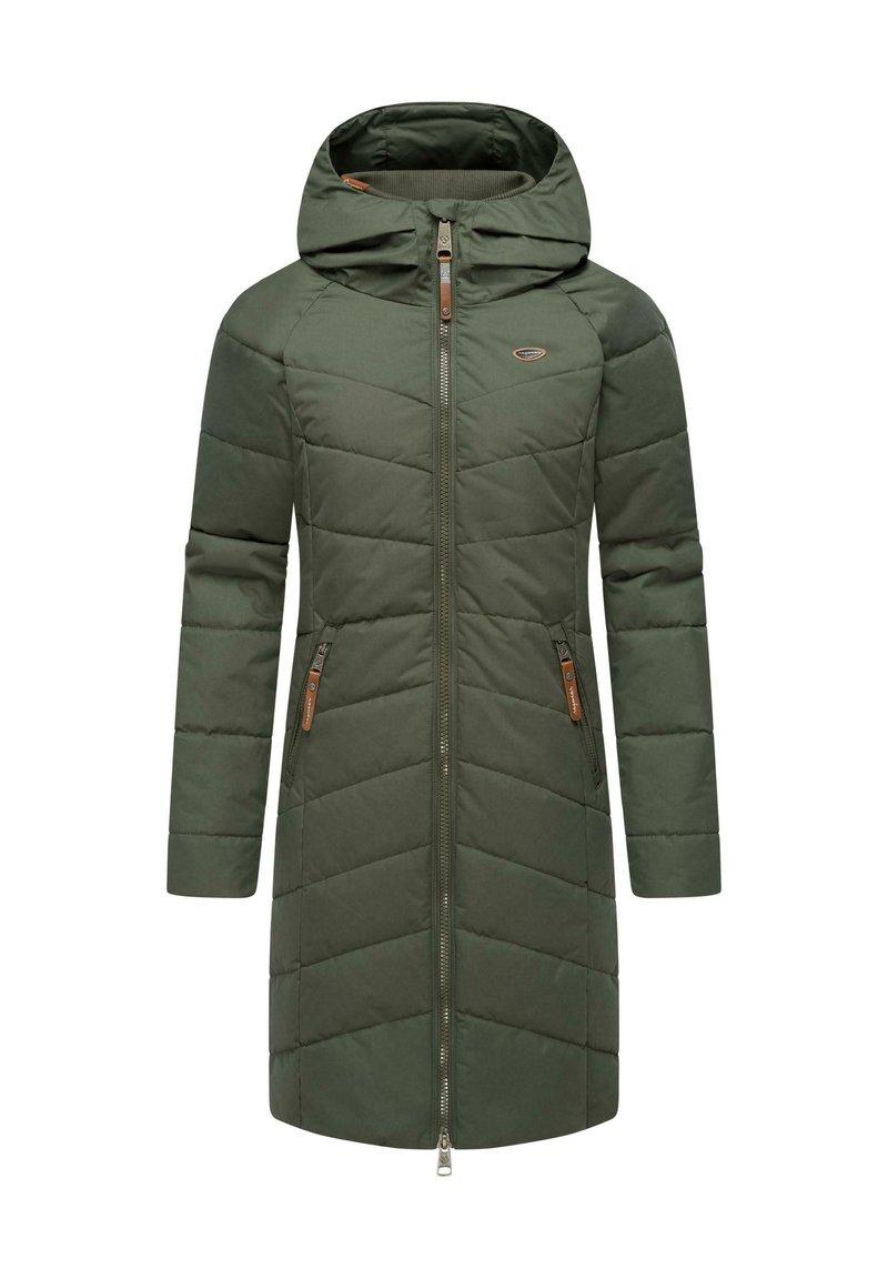 Groen geïsoleerde jas met een capuchon, verticale gestikte ontwerpen, vooraan met rits en twee zijzakken met rits en bruine accenten.