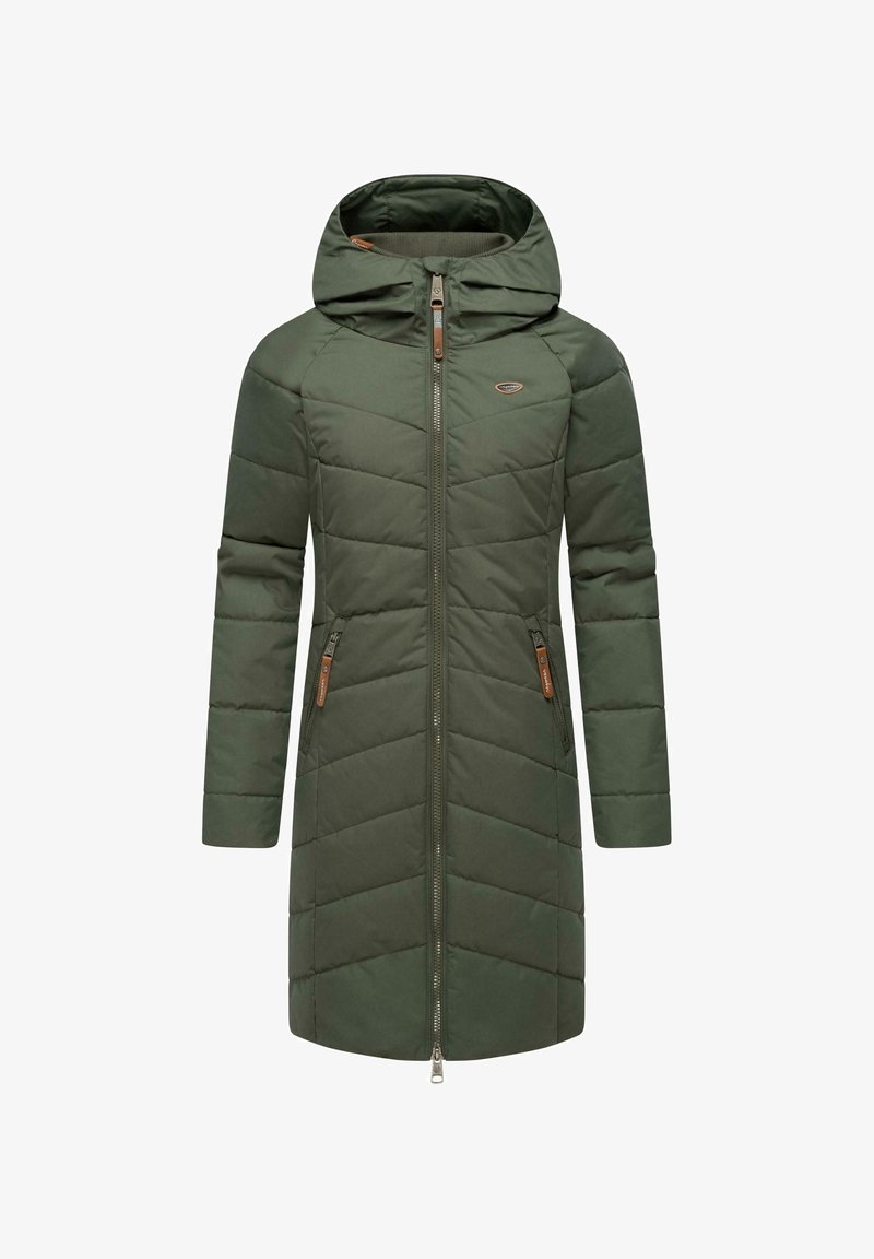 Groen geïsoleerde jas met een capuchon, verticale gestikte ontwerpen, vooraan met rits en twee zijzakken met rits en bruine accenten.