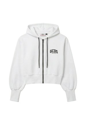 Biała krótka bluza z kapturem na zamek błyskawiczny z czarnymi sznurkami i logo "GCDS" na lewej piersi, z długimi marszczonymi rękawami i ściągaczami.