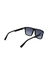 Ochelari de soare rectangolari negri, cu lentile degradate, finisaj lucios și brațe drepte. Prezintă un mic logo pe lateral, cu accente albastre și albe.