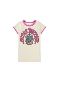 Kremno bela majica s kratkimi rokavi, roza ovratnikom in poudarjenimi rokavi, z grafično ilustracijo miši in napisom: "Bolje skupaj."